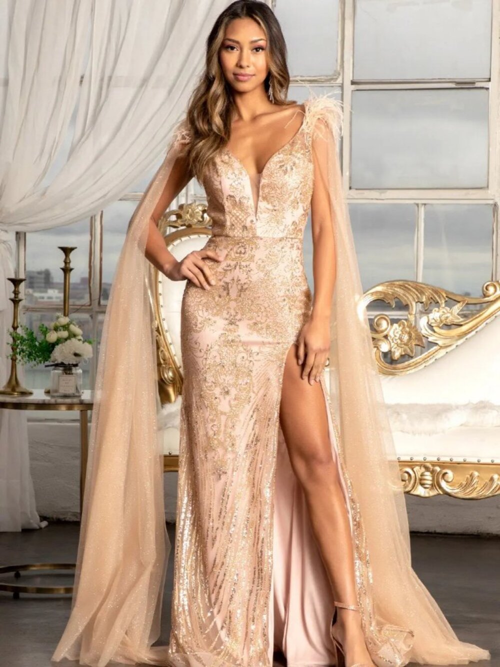 NEW ROSE GOLD Mesh & Glitter Sweetheart Evening Gown Formal GL3047